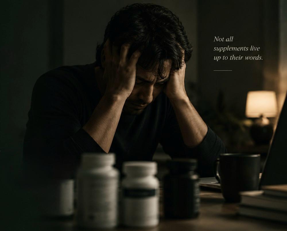 Person feeling distressed while considering health and supplement choices